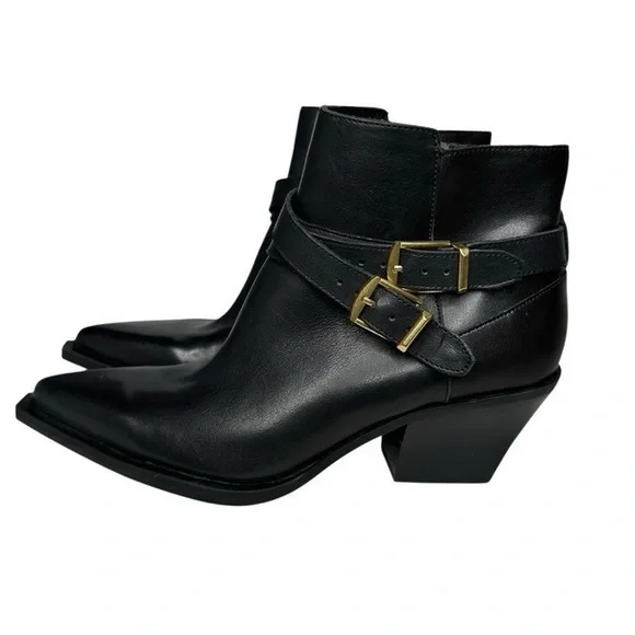 Dolce Vita Black Leather Ankle Boots with Gold Buckles - Picture 5 of 7